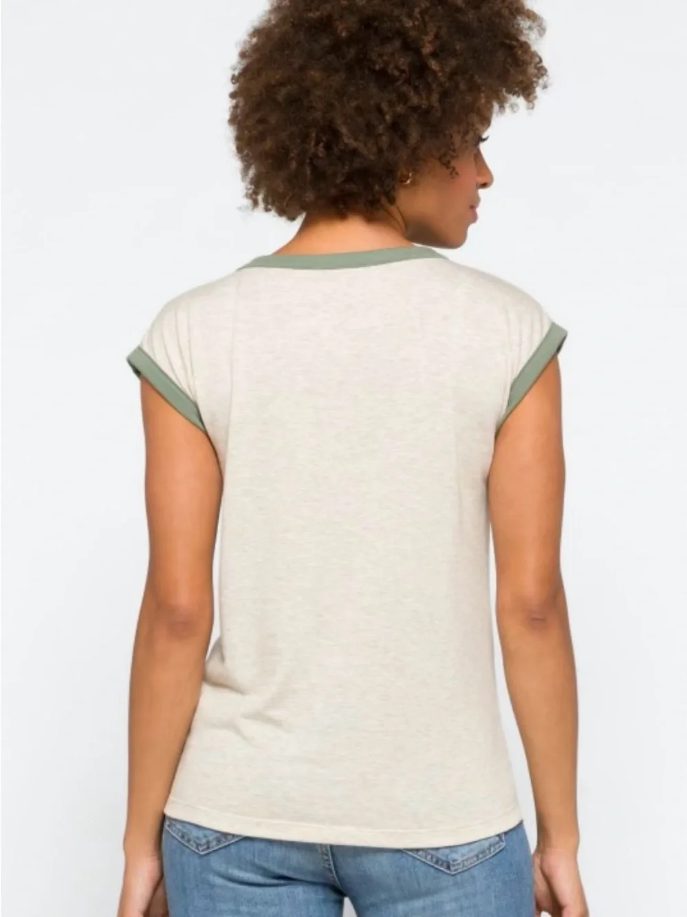 Pink Clover Iggy Short Sleeve Knit Top Cream with Sage Trim - Picture 2 of 10